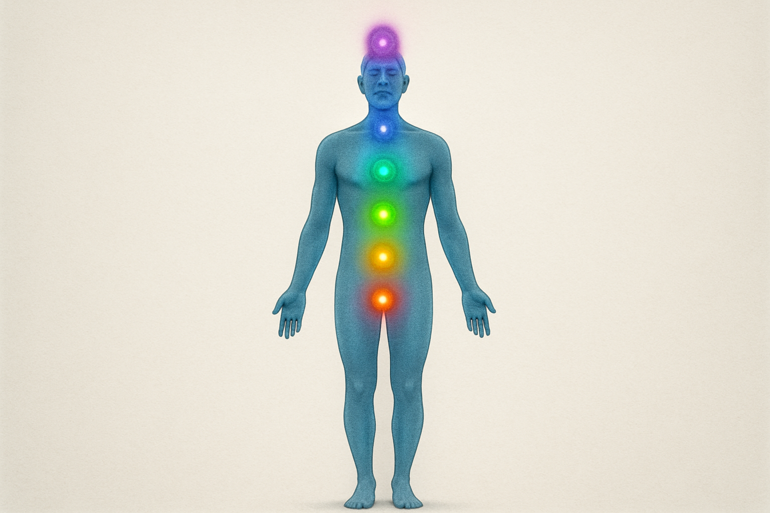 A stylized illustration of a human silhouette with seven glowing, colored energy wheels aligned along the spine.